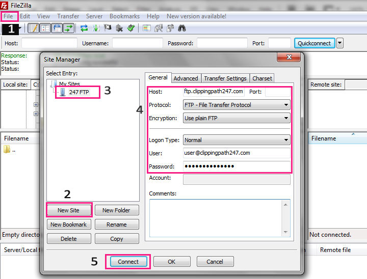 Establish connection Using Site Manager